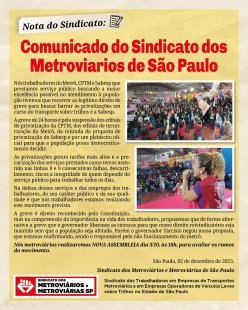 Comunicado do Sindicato dos Metroviarios de São Paulo 