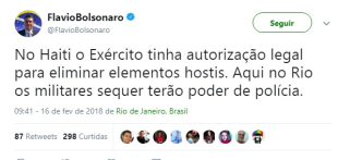Flavio Bolsonaro aplaude a intervenção e defende direito de matar aos soldados